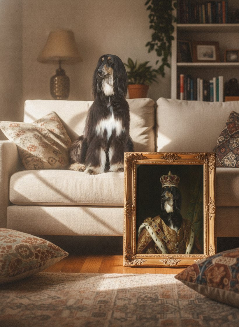 A Afghan Hound at home beside its framed royal portrait