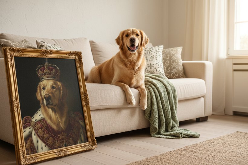 A Golden Retriever at home beside its framed royal portrait