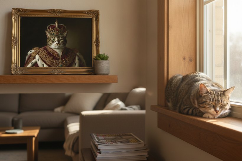 A House Cat at home beside its framed royal portrait