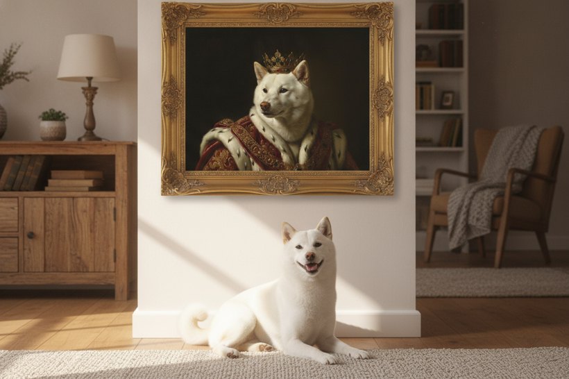 A Shiba Inu at home beside its framed royal portrait