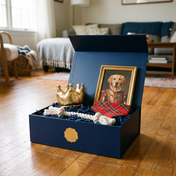 The Royal Treatment Box open showing the royal portrait print propped beside the crown plush toy, rope toy and tartan bandana