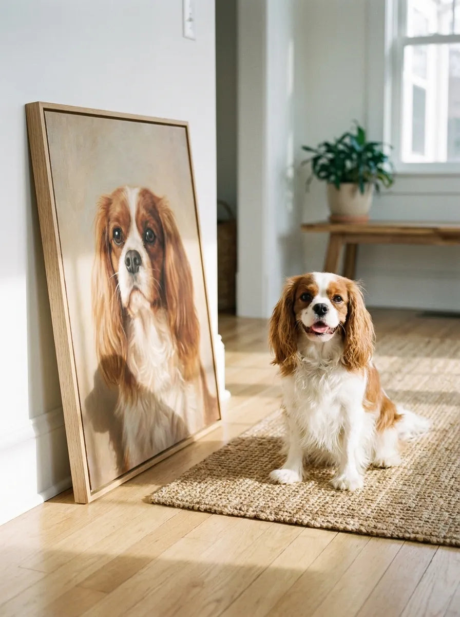 A Cavalier King Charles Spaniel beside its framed House of Whiskerton portrait in a bright living room