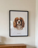 Custom pet portrait, realistic style, framed print filling the frame, shown on a real home wall - main product photo