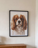 Custom pet portrait, realistic style, framed print with the artwork filling the frame, pet dominant, shown on a real home wall - main product photo