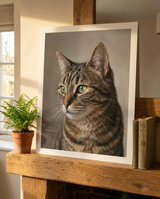Realistic style example - tabby cat poster finish leaning on a mantel