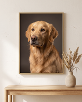Framed portrait shown true-to-scale on a living room wall above a console table
