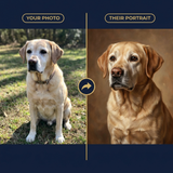 Before and after: a real dog photo transformed into your custom pet portrait, side by side