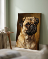 Fine-art oil-painting style example - pug portrait on a gallery-wrapped canvas