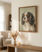 Memorial pet portrait, cavalier spaniel fine-art style, framed and hung on a wall
