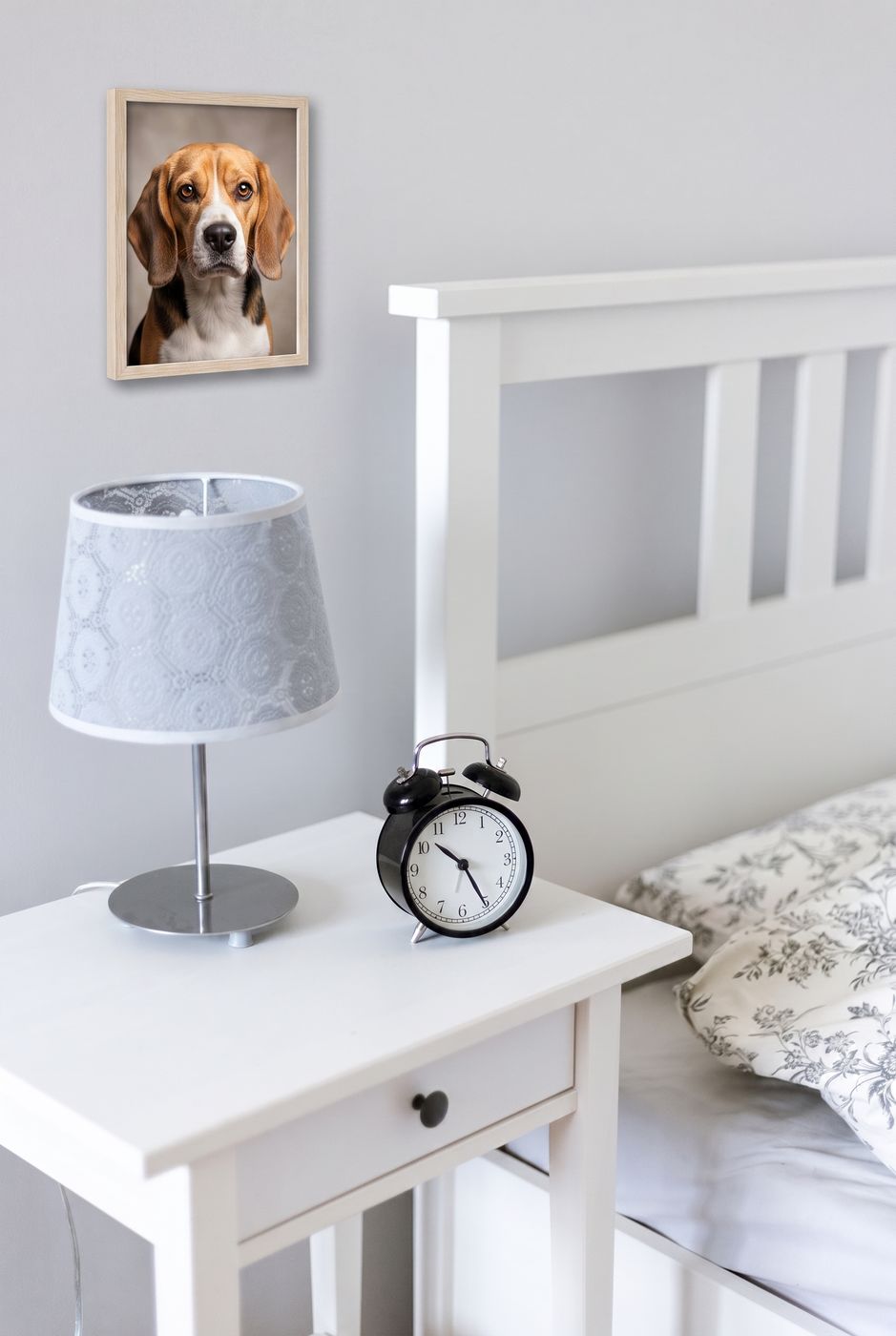 A Beagle | Realistic at home beside its framed portrait