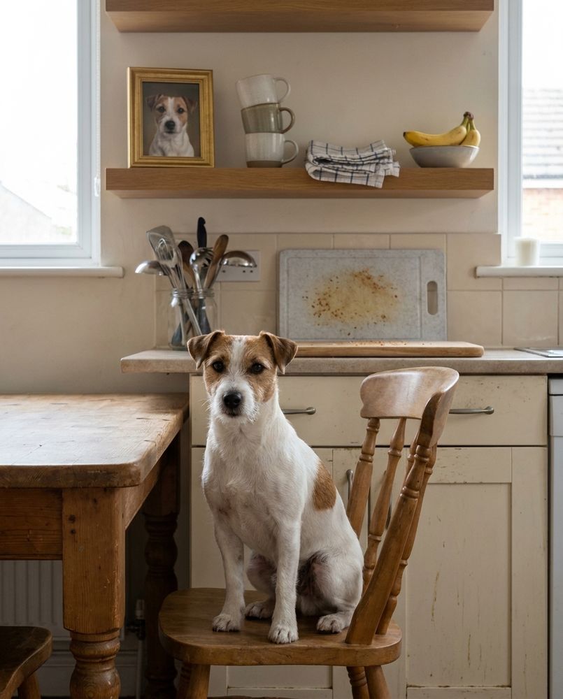 A Jack Russell terrier sitting on a kitchen chair, with a small gold-framed portrait of the same dog on the open shelf behind