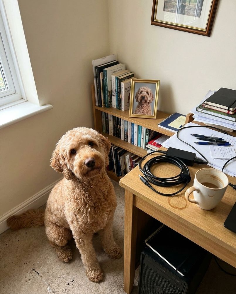 A labradoodle sitting beside a desk in a home office, with a small gold-framed portrait of the same dog on the bookshelf behind