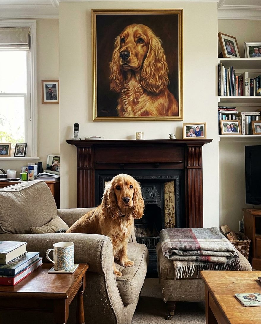 A large gold-framed portrait of a cocker spaniel hanging above the fireplace, with the same dog sitting on the sofa below