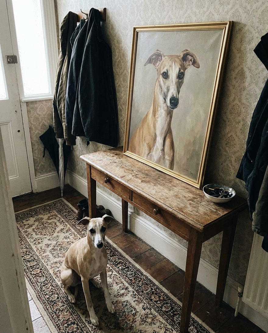 A large gold-framed portrait of a whippet propped on a hallway console table, with the same dog sitting on the runner rug