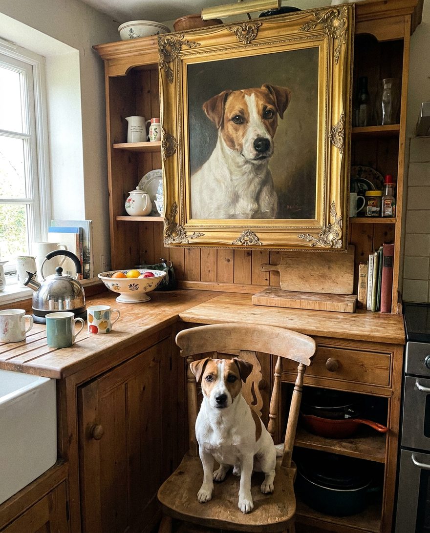 A large ornate gold-framed portrait of a Jack Russell terrier on the kitchen dresser, with the same dog sitting on a chair below