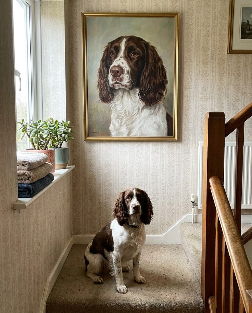 A large gold-framed portrait of a springer spaniel on the landing wall, with the same dog resting on the top stair