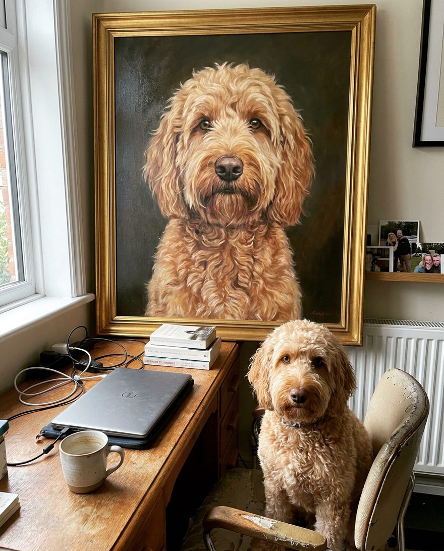 A large gold-framed portrait of a labradoodle above a home-office desk, with the same dog sitting beside the chair
