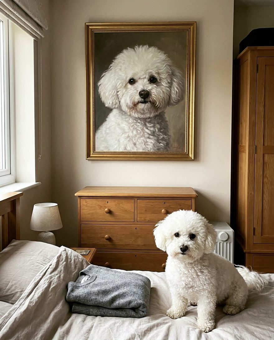 A large gold-framed portrait of a bichon frise above the chest of drawers, with the same dog sitting on the end of the bed