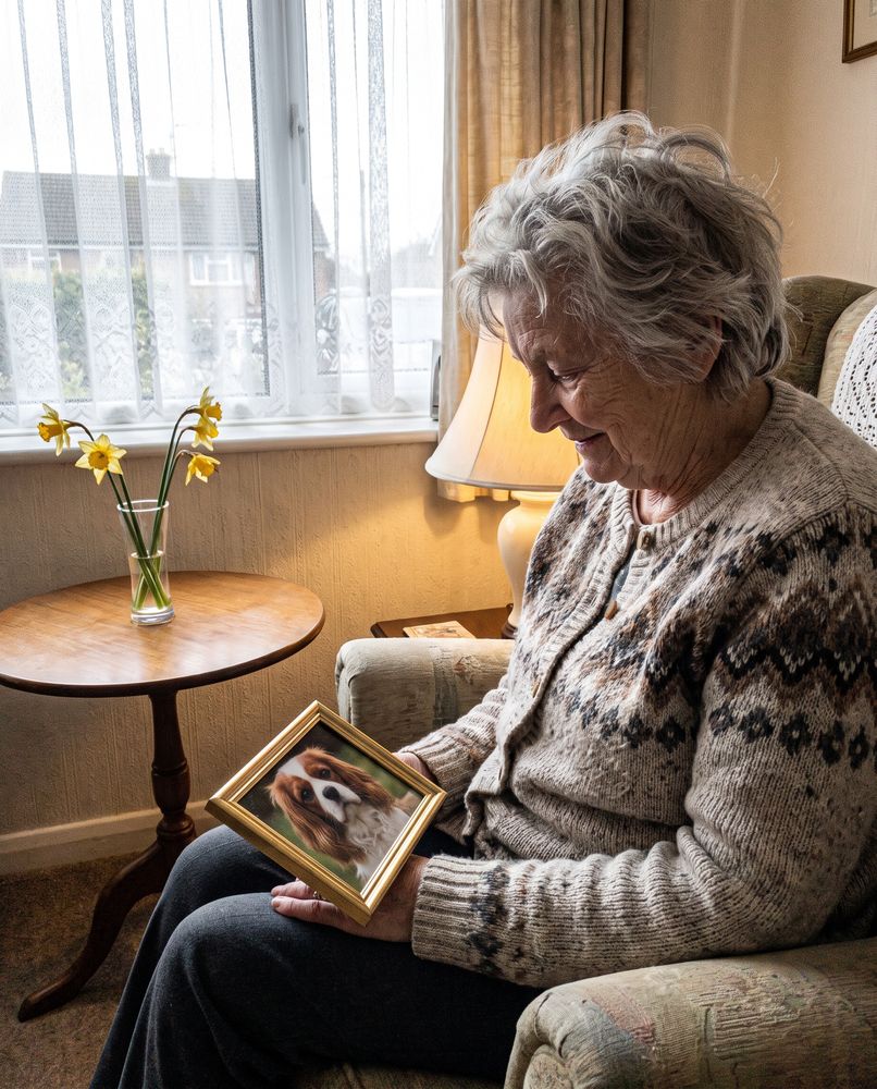 An elderly woman holding a small framed portrait of her Cavalier King Charles Spaniel
