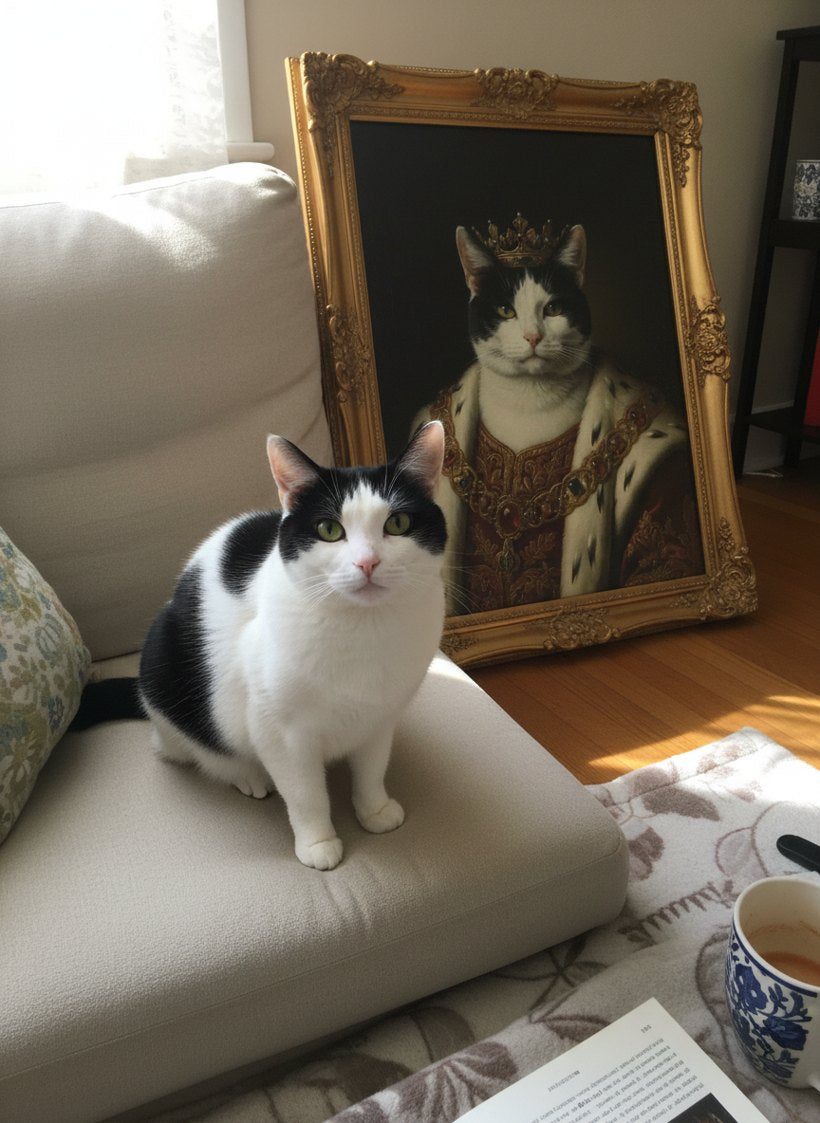 A House Cat at home beside its framed royal portrait