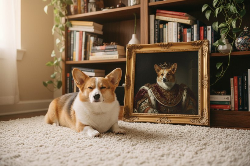 A Welsh Corgi at home beside its framed royal portrait
