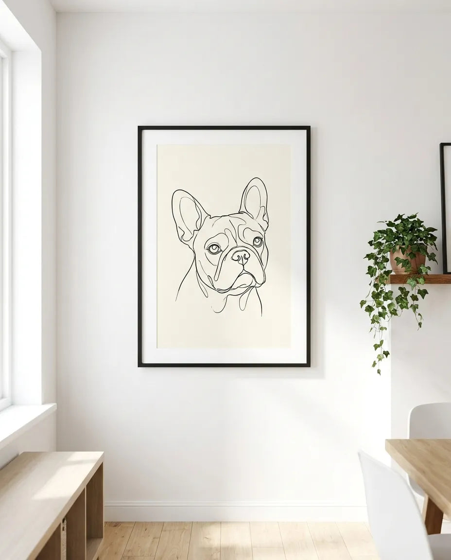 Modern line-art style portrait of a French Bulldog