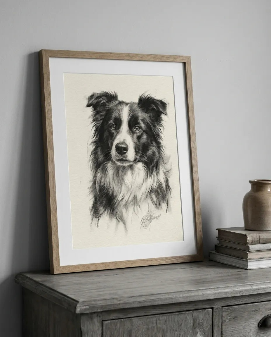 Charcoal style portrait of a Border Collie