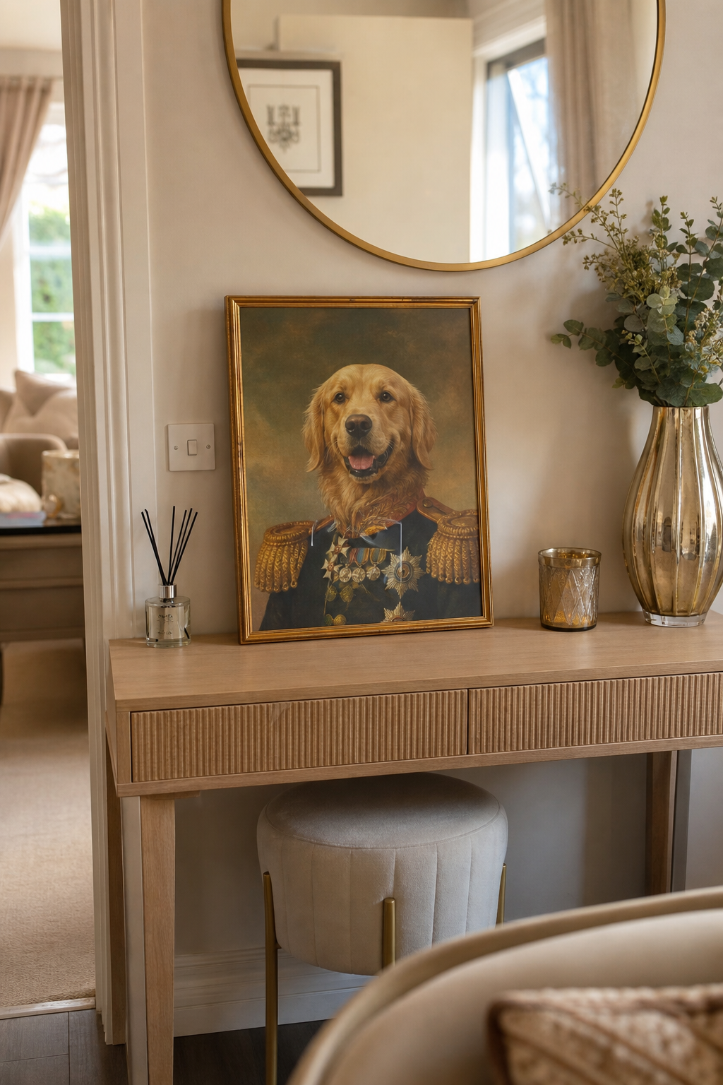 Framed golden retriever portrait styled in a real cream-and-gold home interior