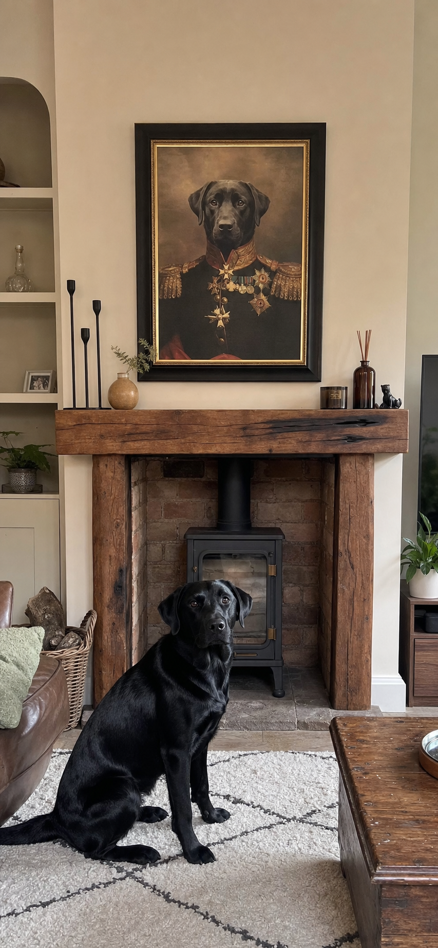 Black Labrador sitting beneath its framed portrait above a fireplace mantel