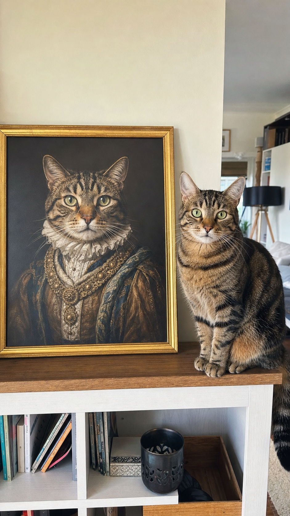 Tabby cat sitting beside its framed royal-style portrait on a shelf